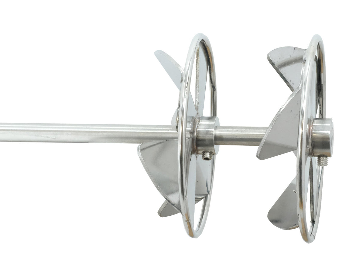 Stirring propeller with bucket guard ring with 2 adjustable counter-rotating stirring blades