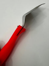 Uncapping fork, neon red, with curved stainless steel needles,