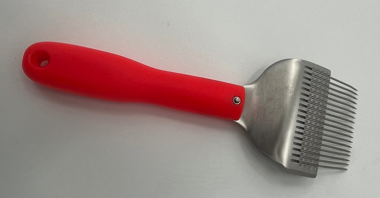 Uncapping fork, neon red, with curved stainless steel needles,