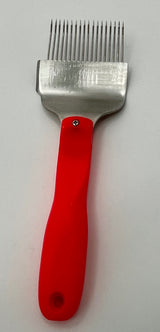 Uncapping fork, neon red, with curved stainless steel needles,