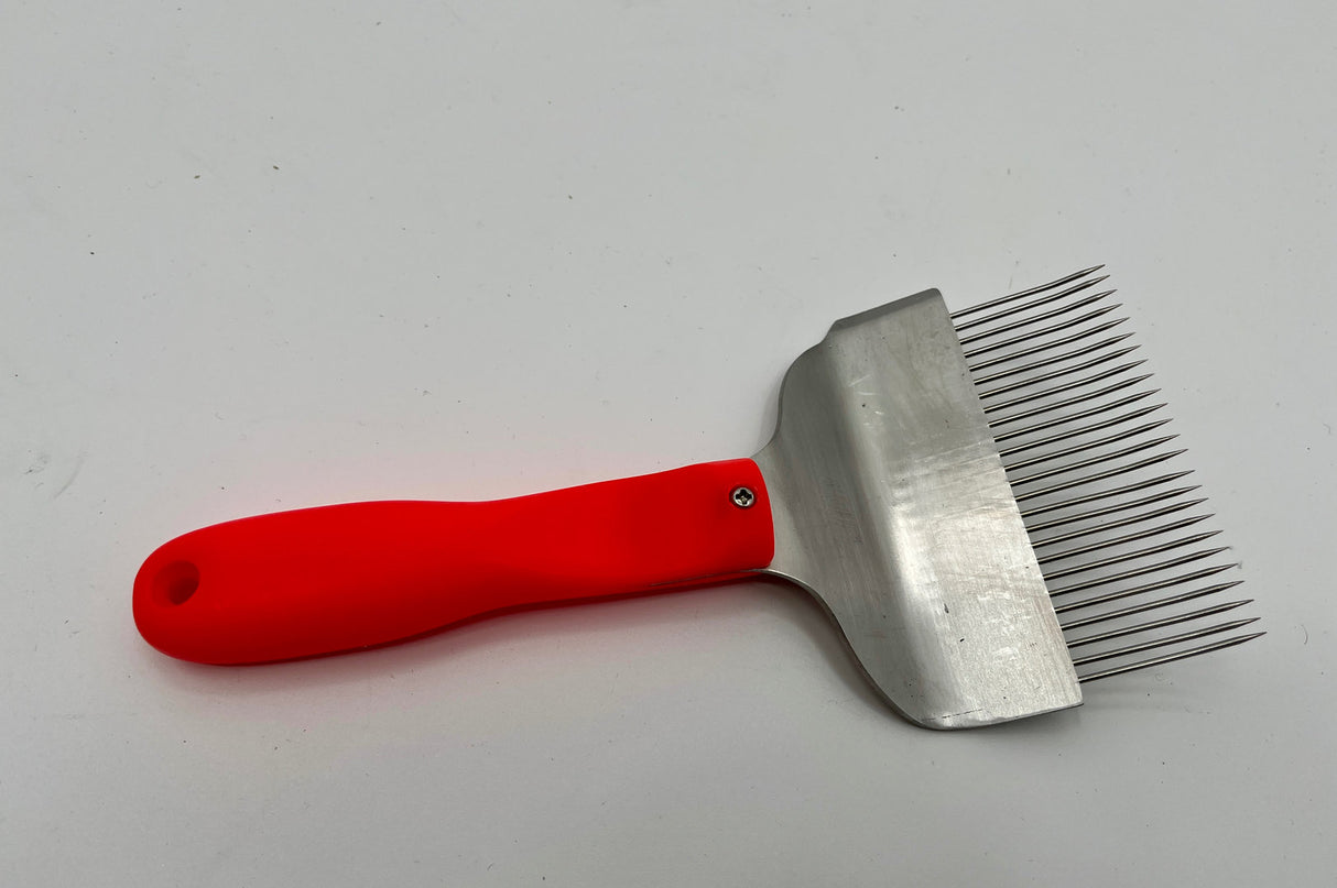 Uncapping fork, neon red, with curved stainless steel needles,