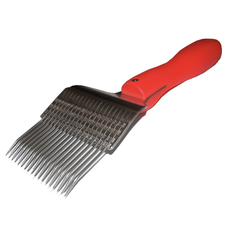 Uncapping fork, neon red, with curved stainless steel needles,
