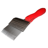 Uncapping fork, neon red, with curved stainless steel needles,