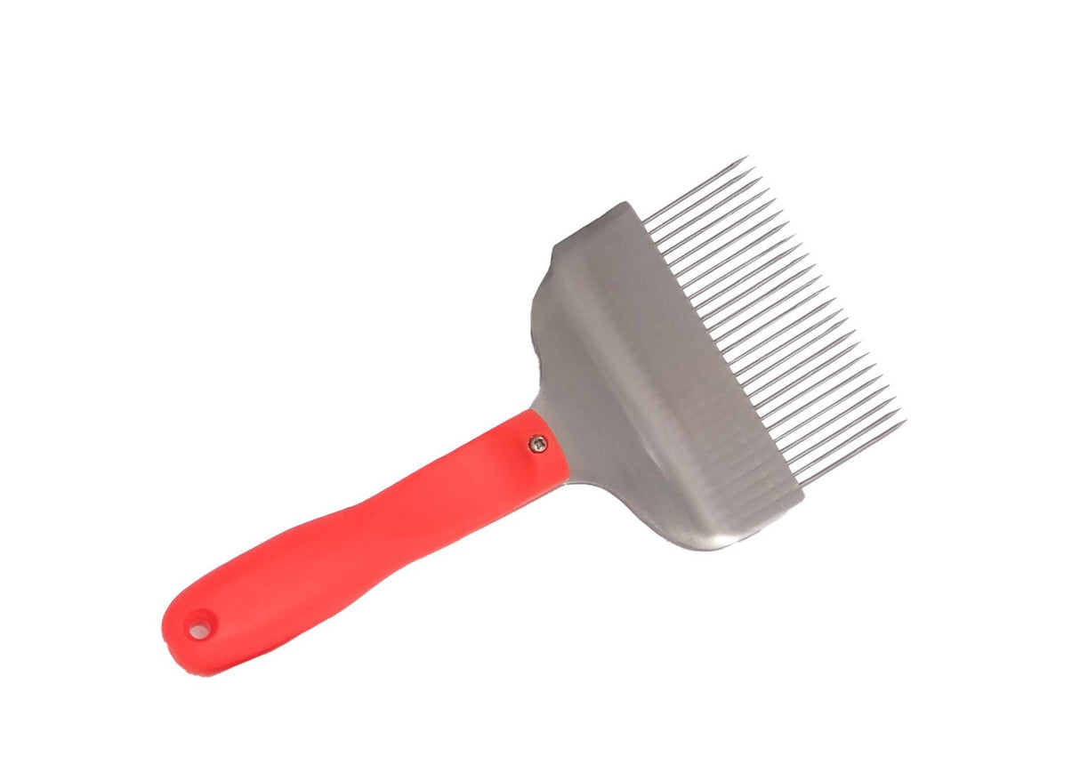 Uncapping fork, neon red, extra wide, with curved stainless steel needles