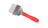 Uncapping fork, neon red, with curved stainless steel needles,