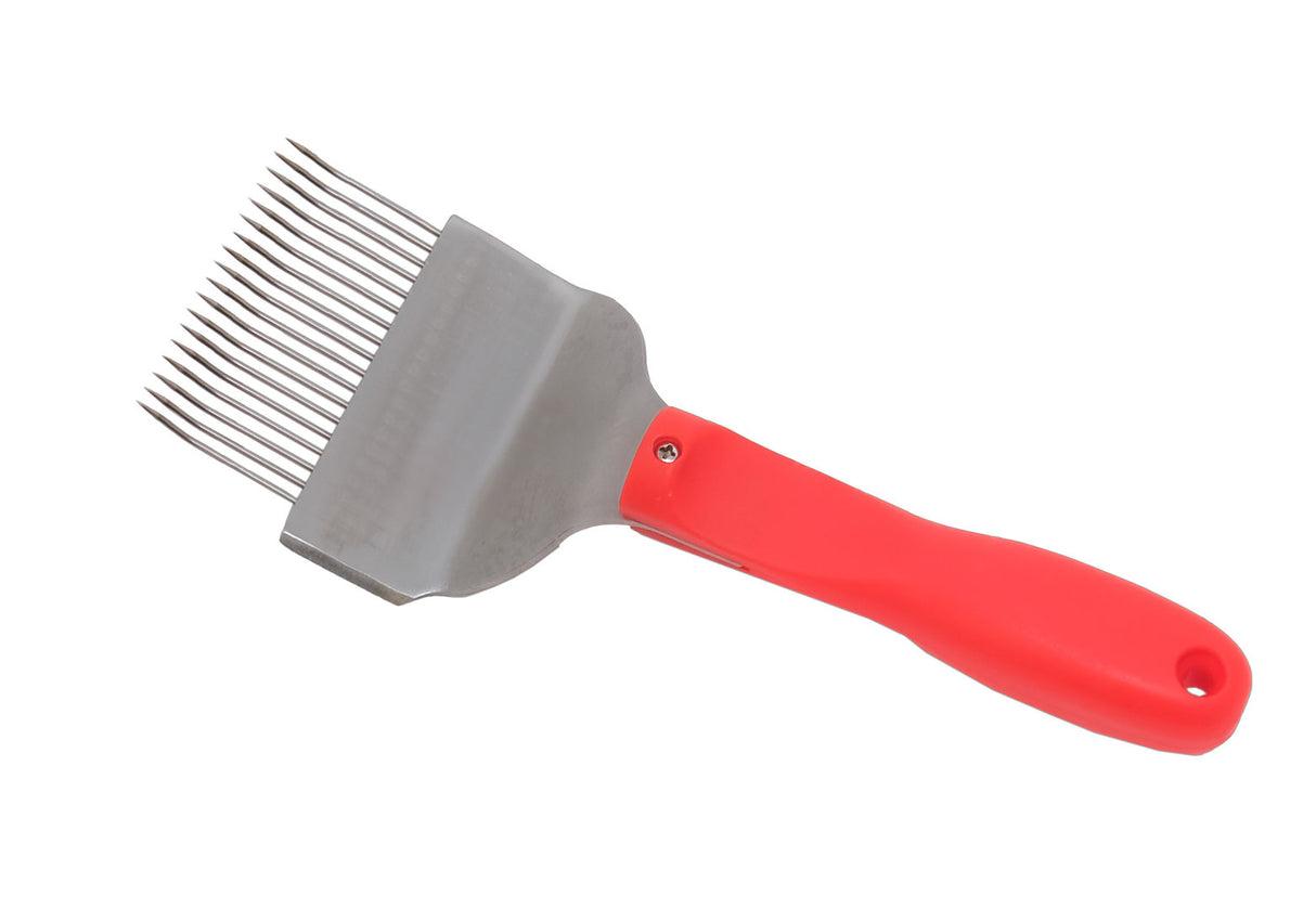 Uncapping fork, neon red, with curved stainless steel needles,