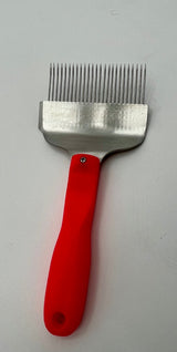 Uncapping fork, neon red, with curved stainless steel needles,