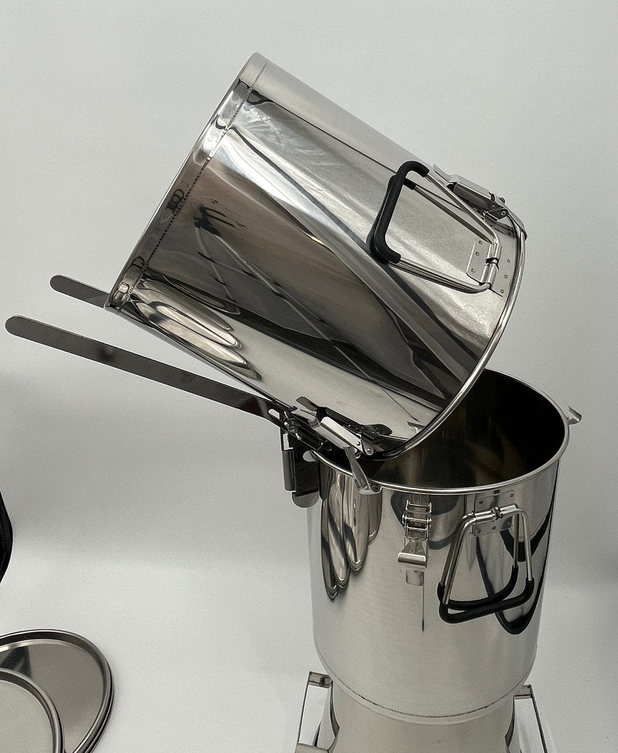Adjustable bucket holder for all stainless steel bottling buckets, honey buckets, and pails
