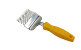 Uncapping fork, bent needles, stainless steel, yellow plastic handle