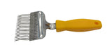 Uncapping fork, bent needles, stainless steel, yellow plastic handle