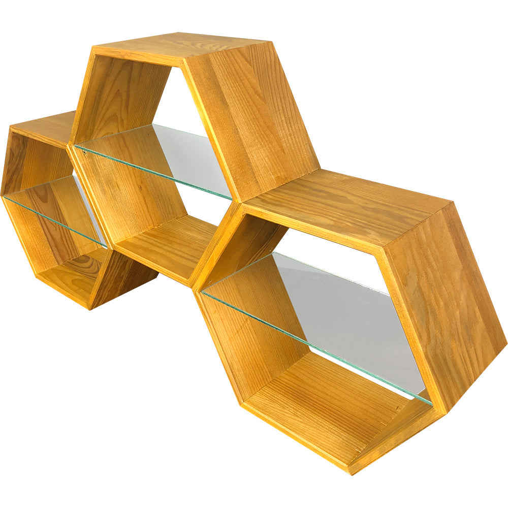 Honey wall display case, small, honeycomb-shaped, wooden shelf, honeycomb look