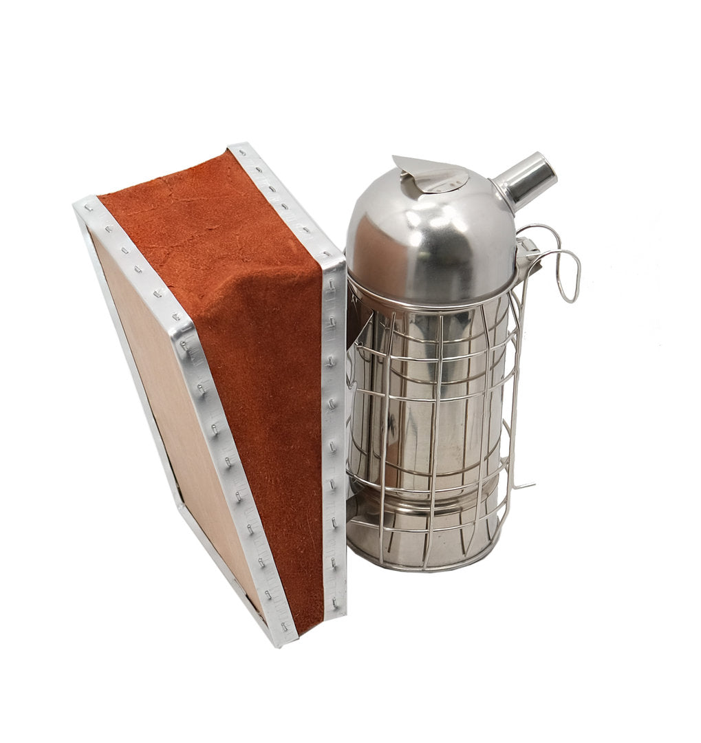 Smoker with inner cup, small, with leather bellows and heat protection, bee smoker, beekeeper's pipe