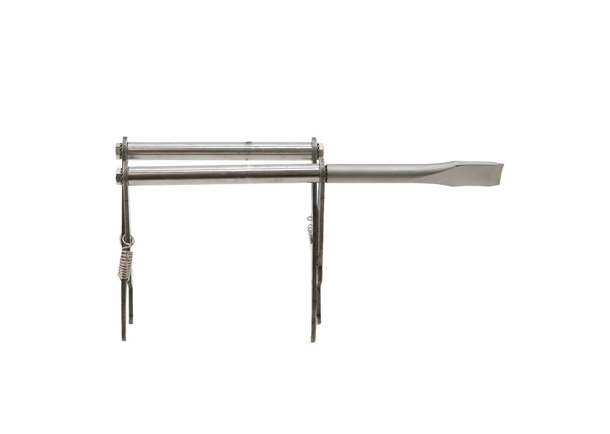 Stainless steel honeycomb extractor pliers with hive chisel and return spring.